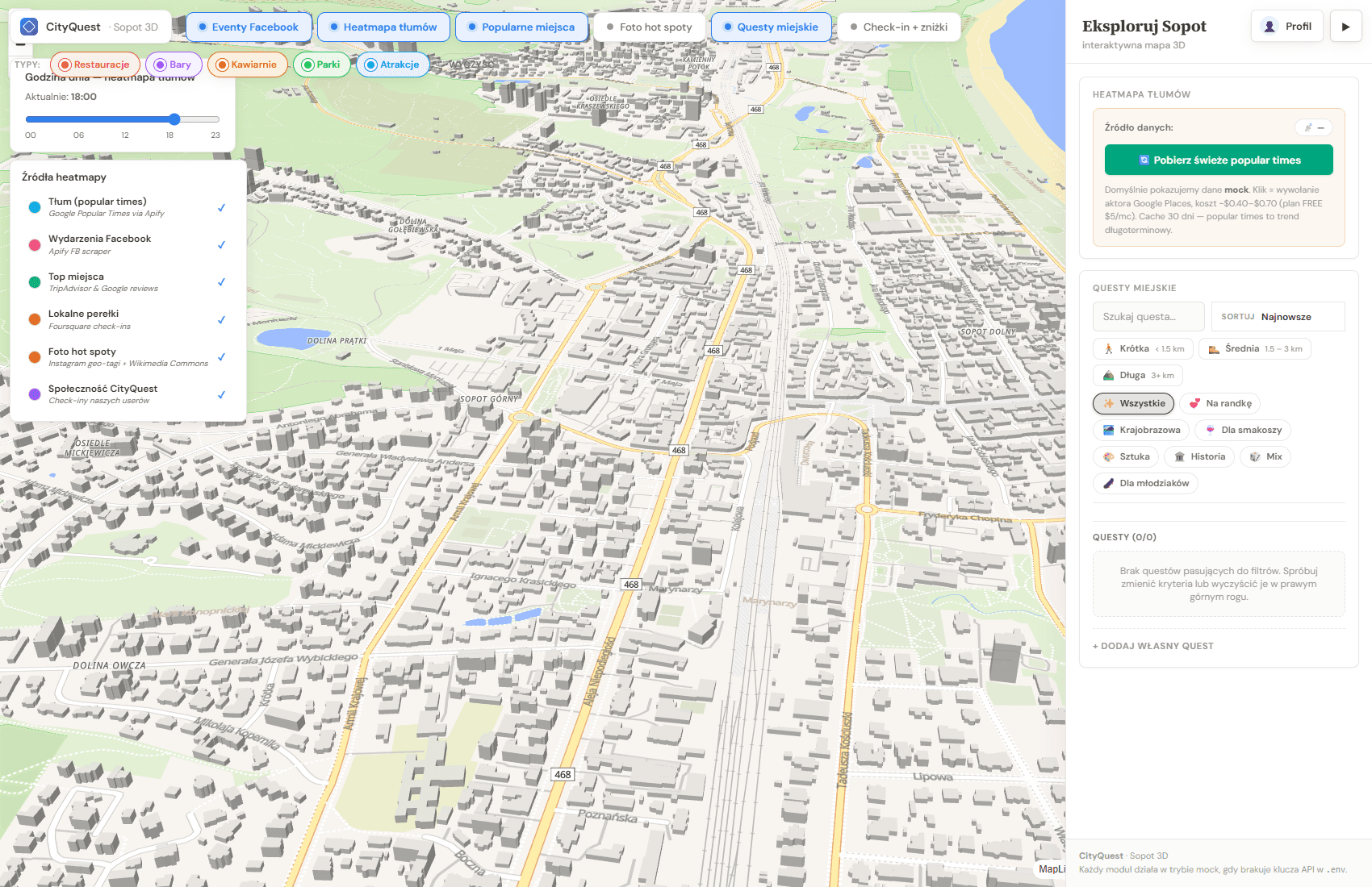 CityQuest — full interface: 3D Sopot map, six data-source legend, filters for types and quest categories