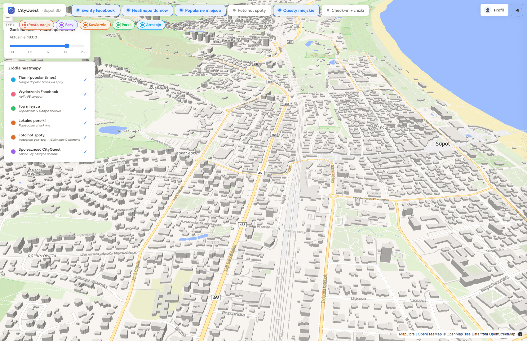 3D map of Sopot with the side panel collapsed — OpenStreetMap buildings via MapLibre GL JS