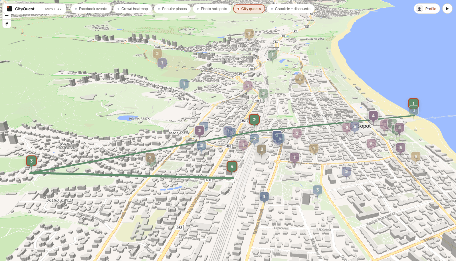 Selecting a quest on the 3D Sopot map — green route polylines connect the numbered stops across the whole city, from the morainic hills in the west down to the Baltic shoreline on the east
