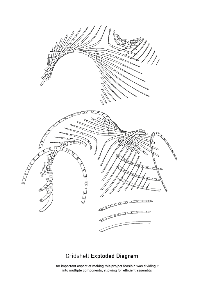 Gridshell exploded diagram — shell split into prefabricated strip components for efficient assembly