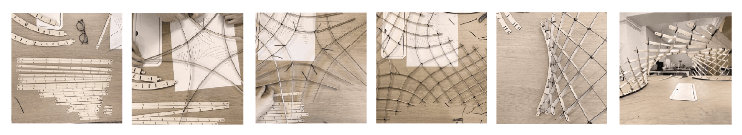 Construction sequence — strips being woven into the doubly-curved shell