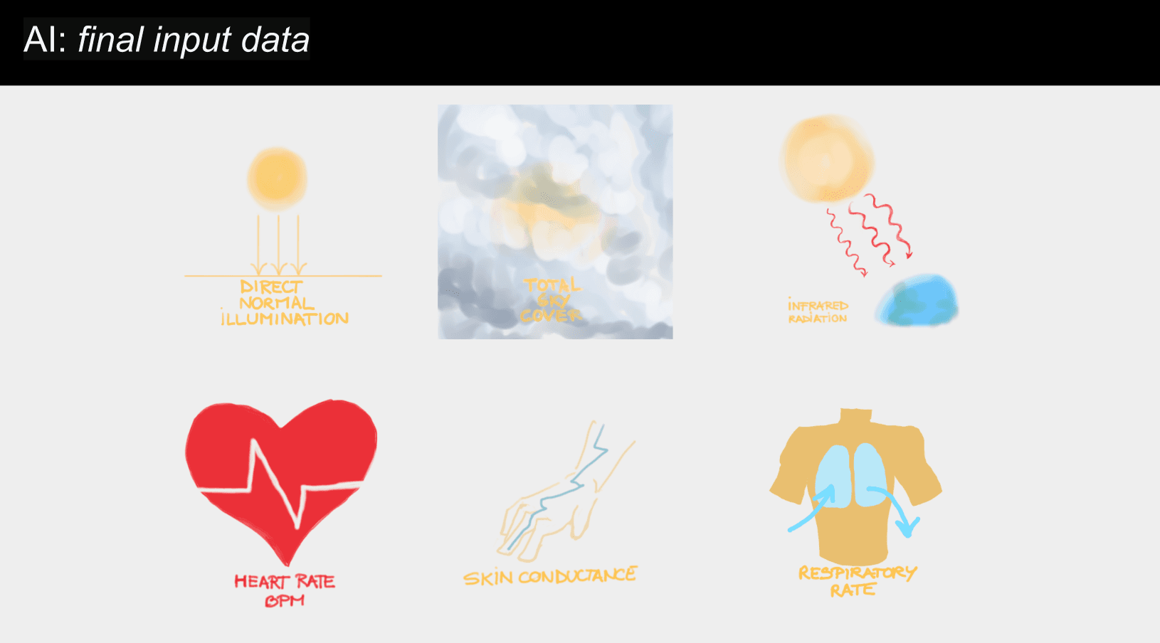 AI: final input data — weather inputs (direct normal illumination, total sky cover, infrared radiation) and physiological inputs (heart rate BPM, skin conductance, respiratory rate) selected as the model's operating features