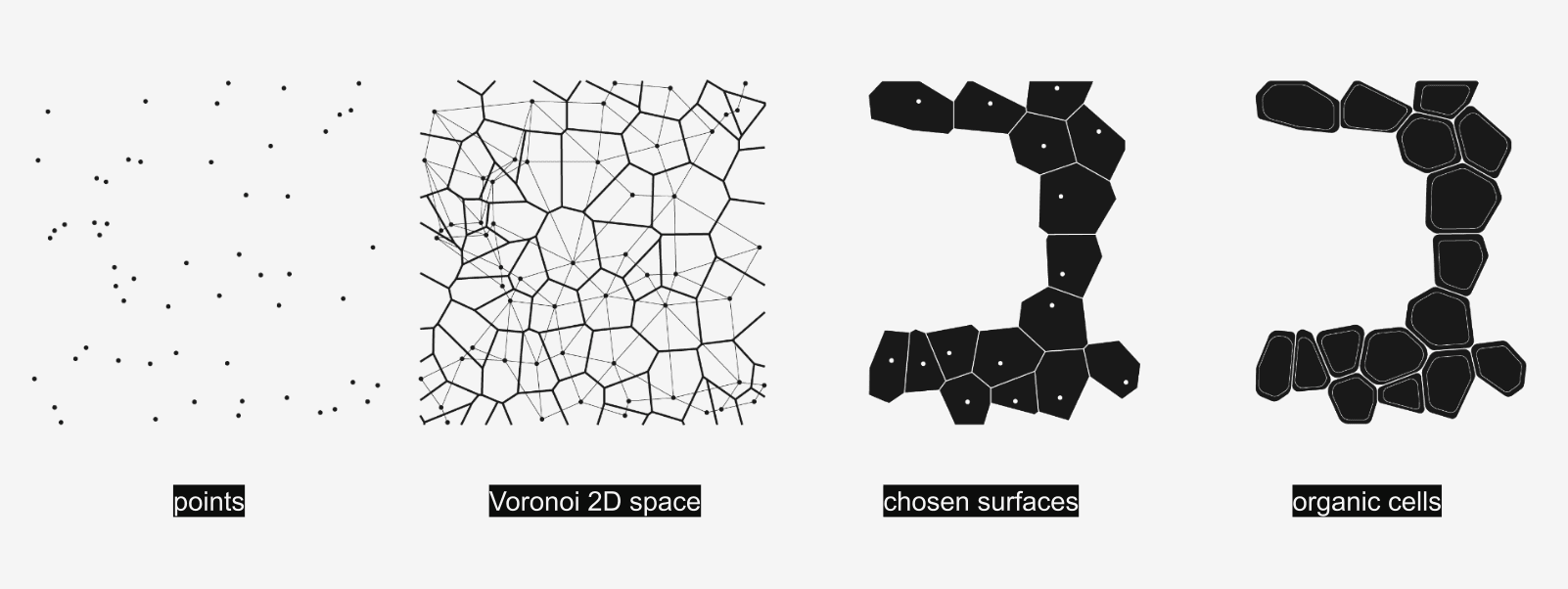 Voronoi logic in 2D — from a point distribution, to the Voronoi space, to chosen surfaces, to organic cells