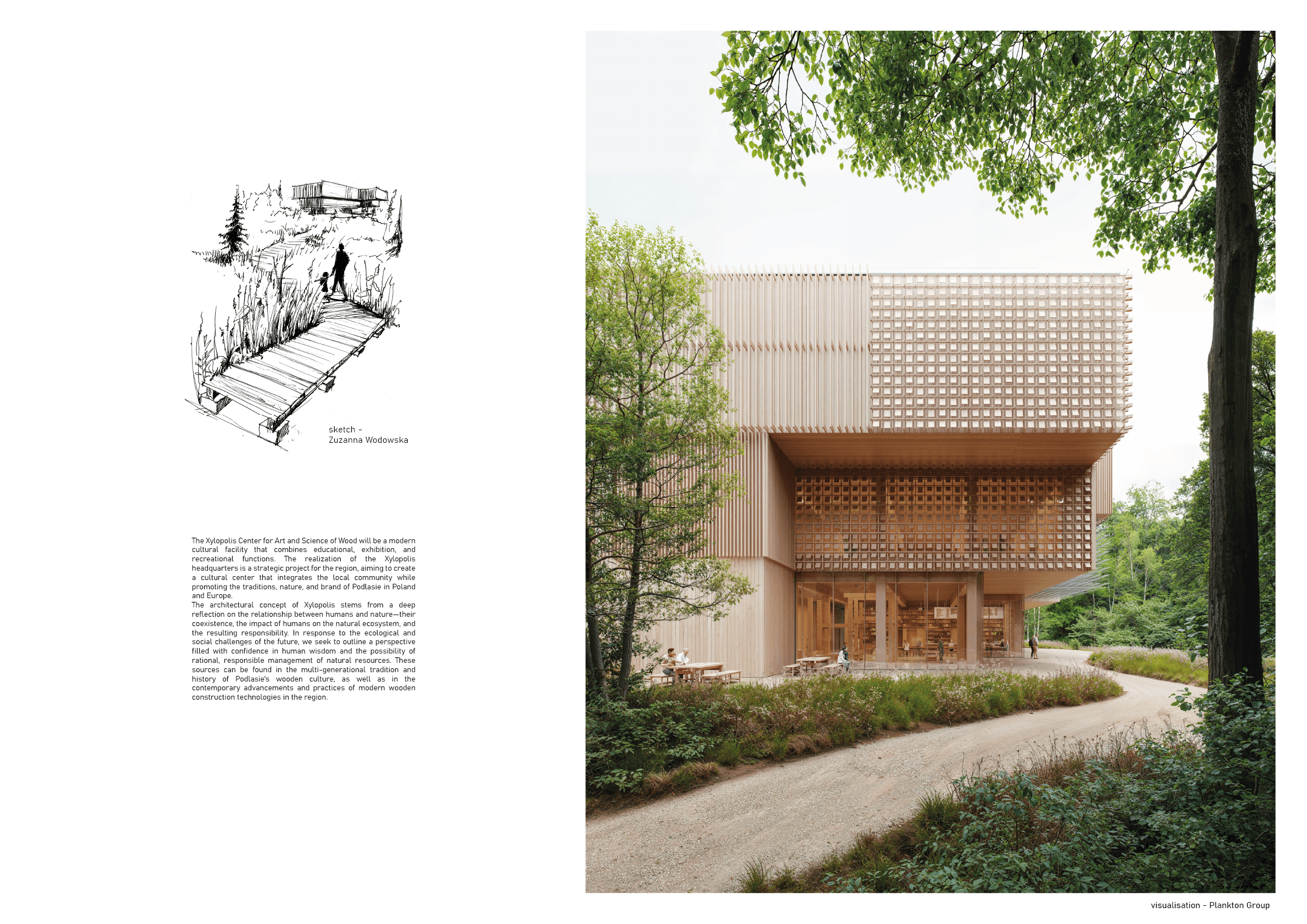 Xylopolis title spread — concept text, sketch by Zuzanna Wołkowska and Plankton Group visualisation of the finished building